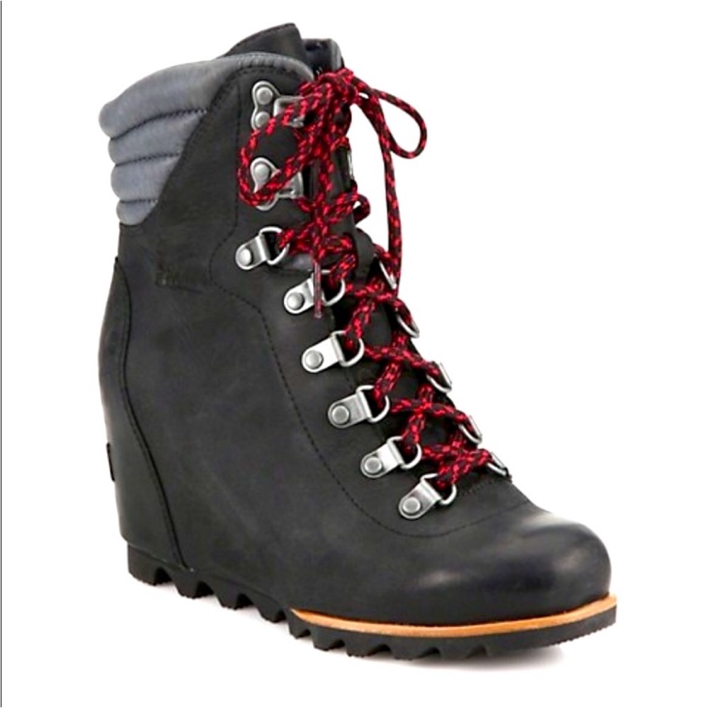 Black Sorel wedges with red laces